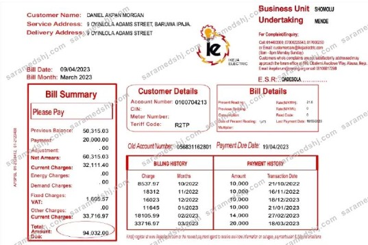 NIGEIA IKEJA utility bill Word and PDF template